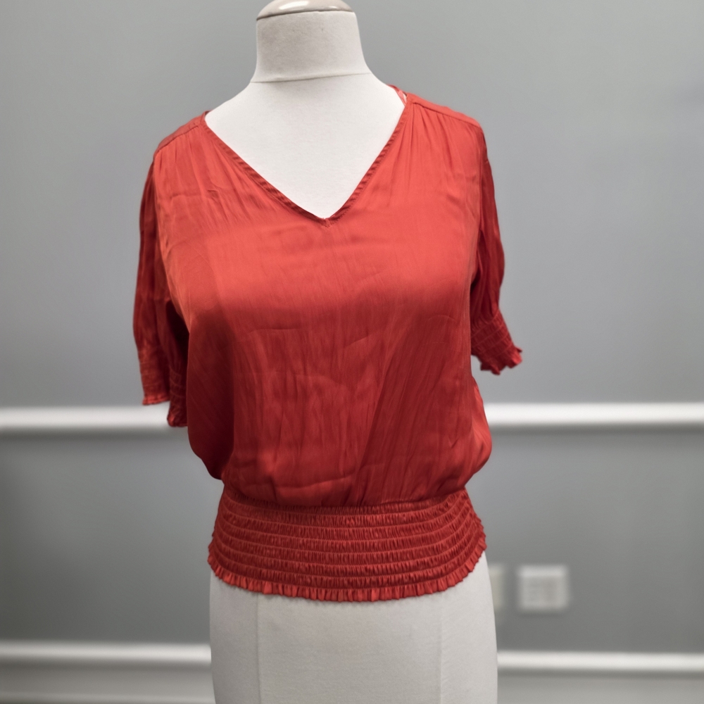 Cinq à Sept Vibrant Red V-Neck Satin Blouse